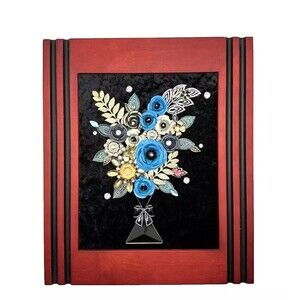 Vintage Jewelry Art FLOWERS In VASE Red Black Frame OOAK 13 1/4"x 11 1/4"